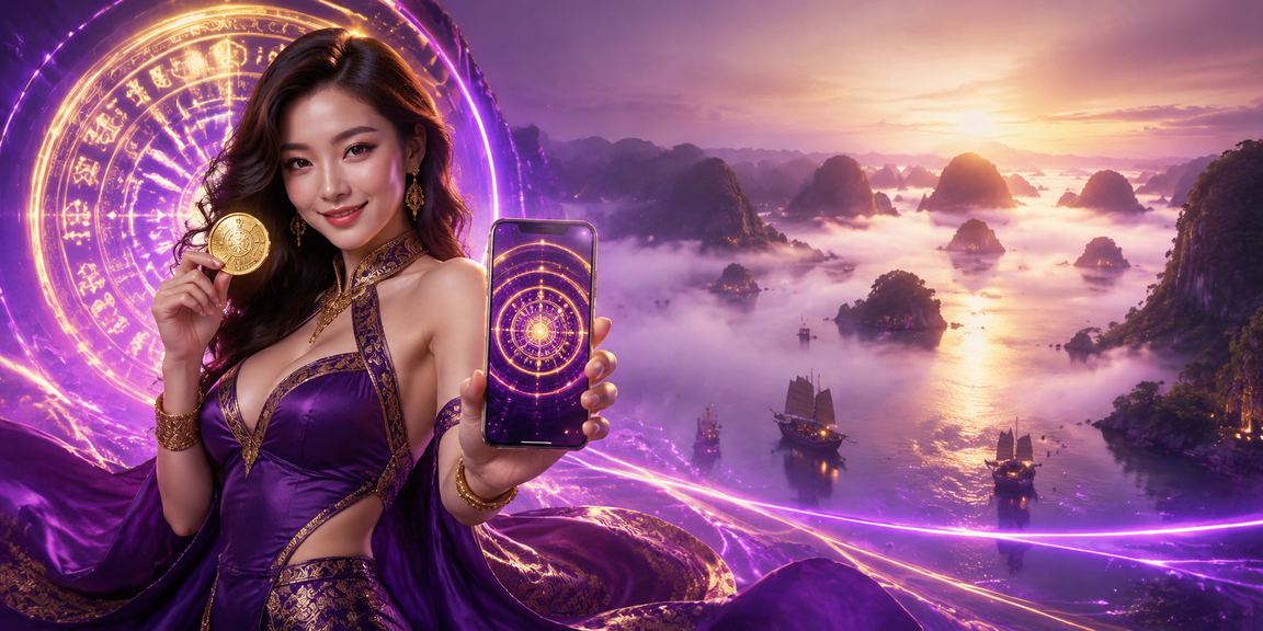 Người dùng trải nghiệm casino và slot jackpot trực tuyến với khung cảnh vịnh Hạ Long về đêm